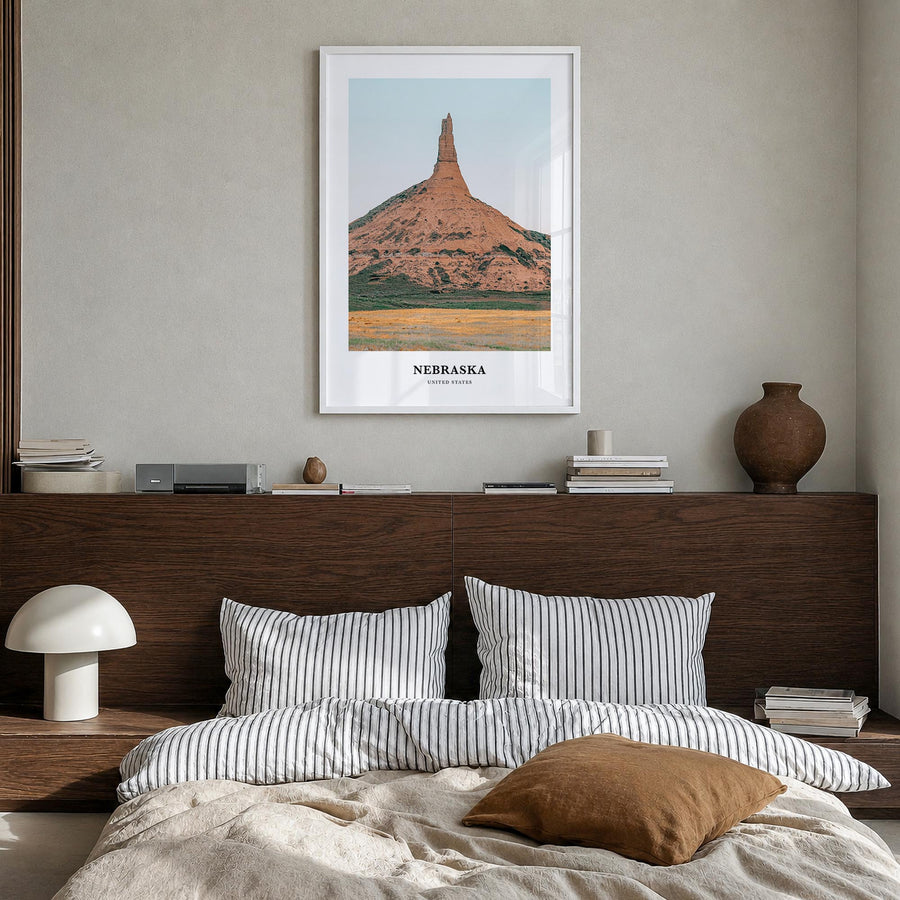 Nebraska colorful classic poster of United States – vertical wall art in white wood frame, hanging on wall
