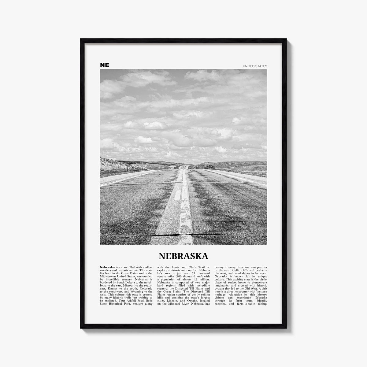 Nebraska no. 1 black & white newspaper poster of United States – vertical wall art, unframed print shown in interior mockup