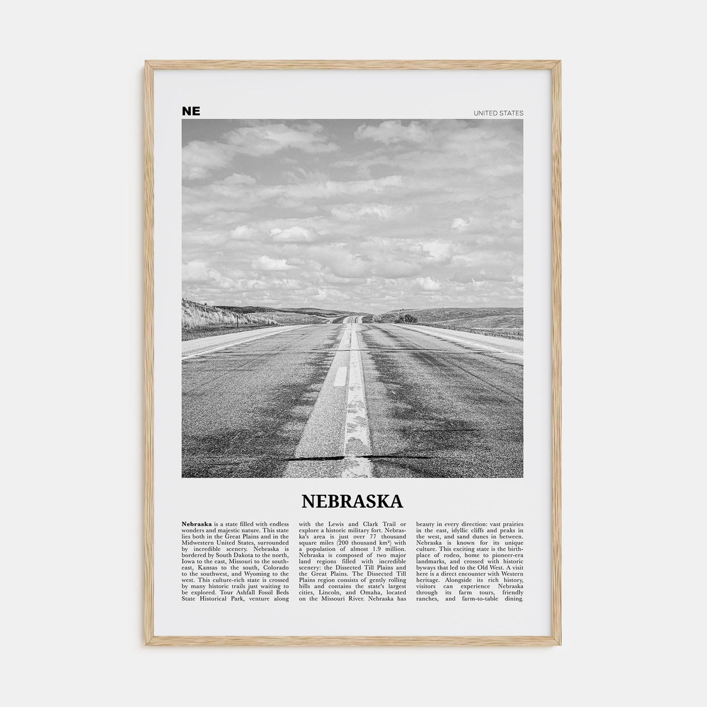 Nebraska No 1 Poster Natural Wood / 8x12 in Nbourhood Travel B&W Poster