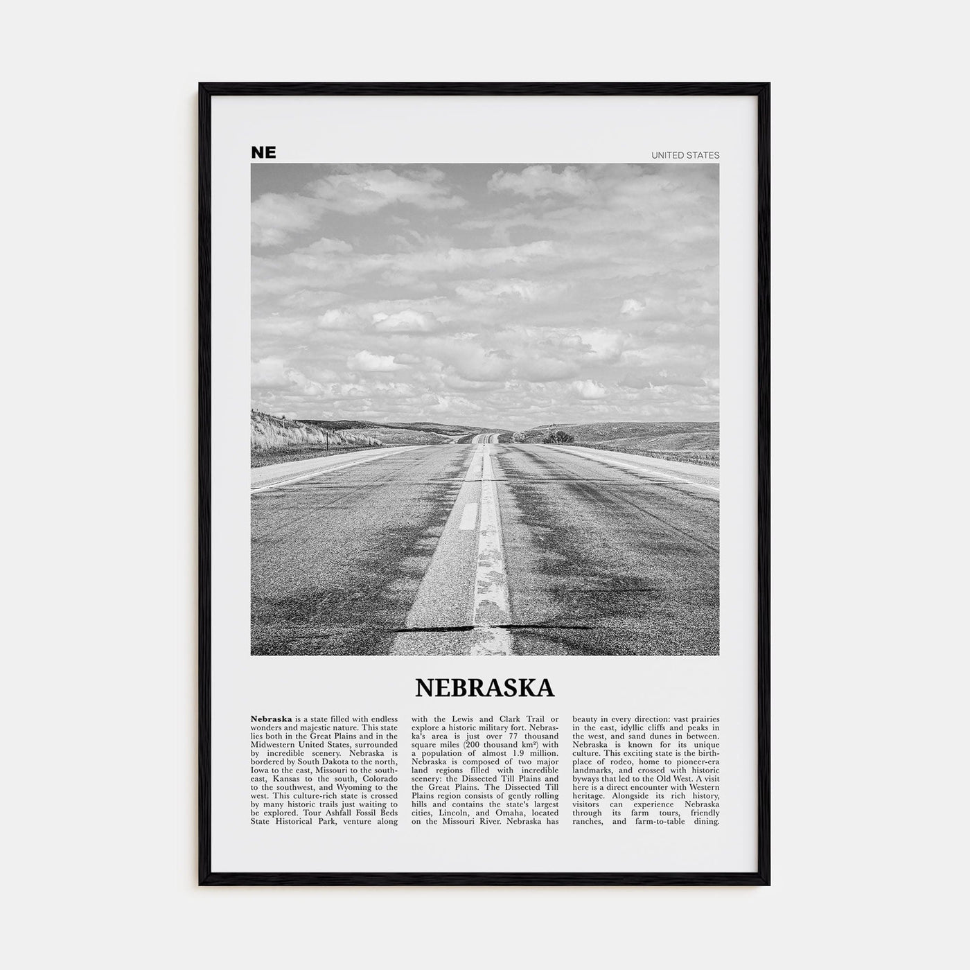 Nebraska No 1 Poster Black Wood / 8x12 in Nbourhood Travel B&W Poster