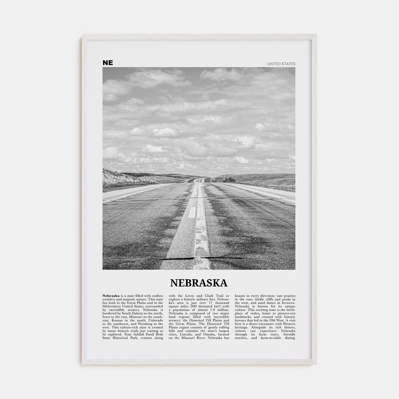 Nebraska No 1 Poster White Wood / 8x12 in Nbourhood Travel B&W Poster