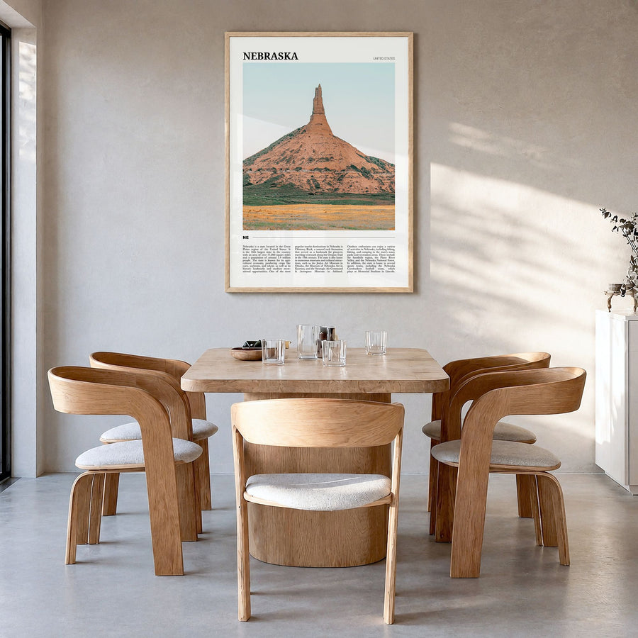 Nebraska Travel No 1 Poster in a natural wood frame, hanging in a dining room