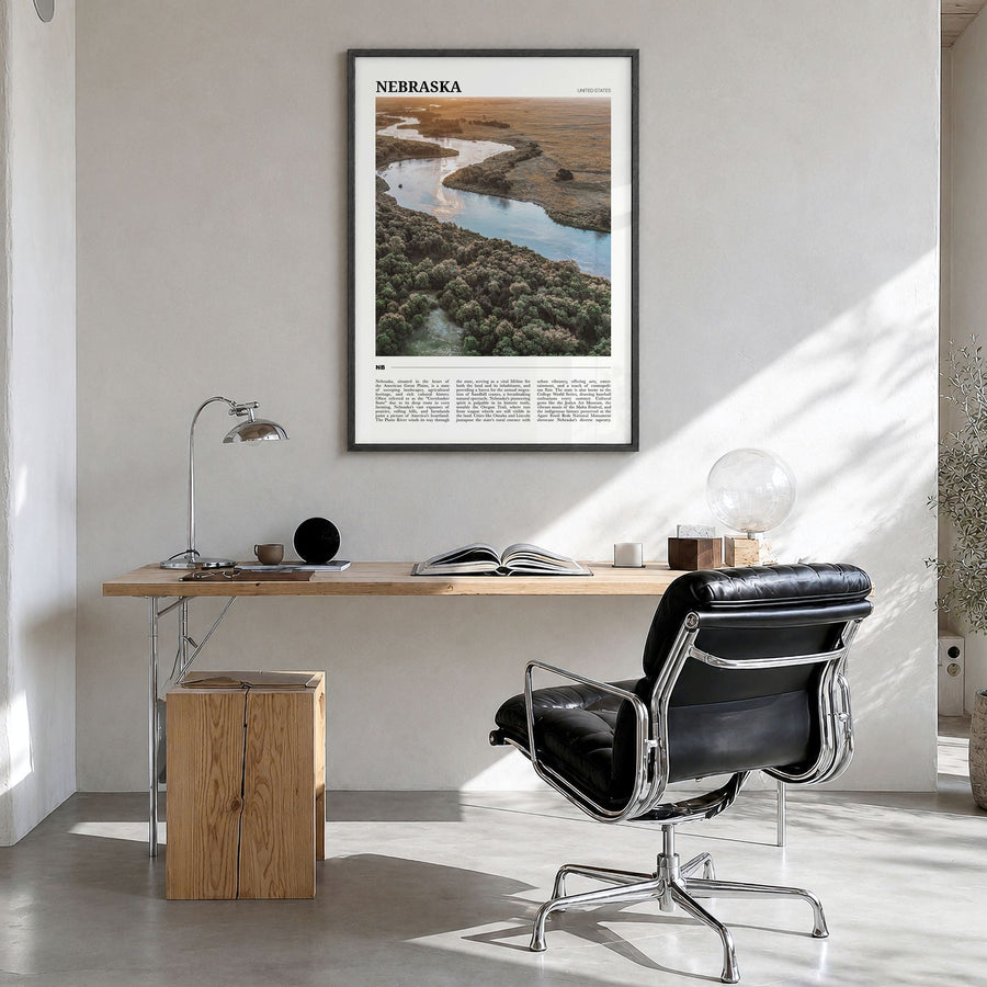 Nebraska Travel No 2 Poster in a black wood frame, hanging in a bright home office