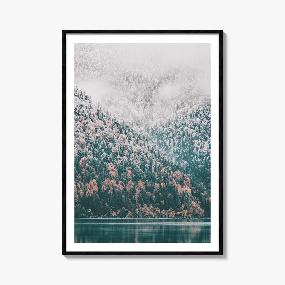 Needle Forest and Foggy Lake colorful photo poster – vertical wall art, unframed print shown in interior mockup