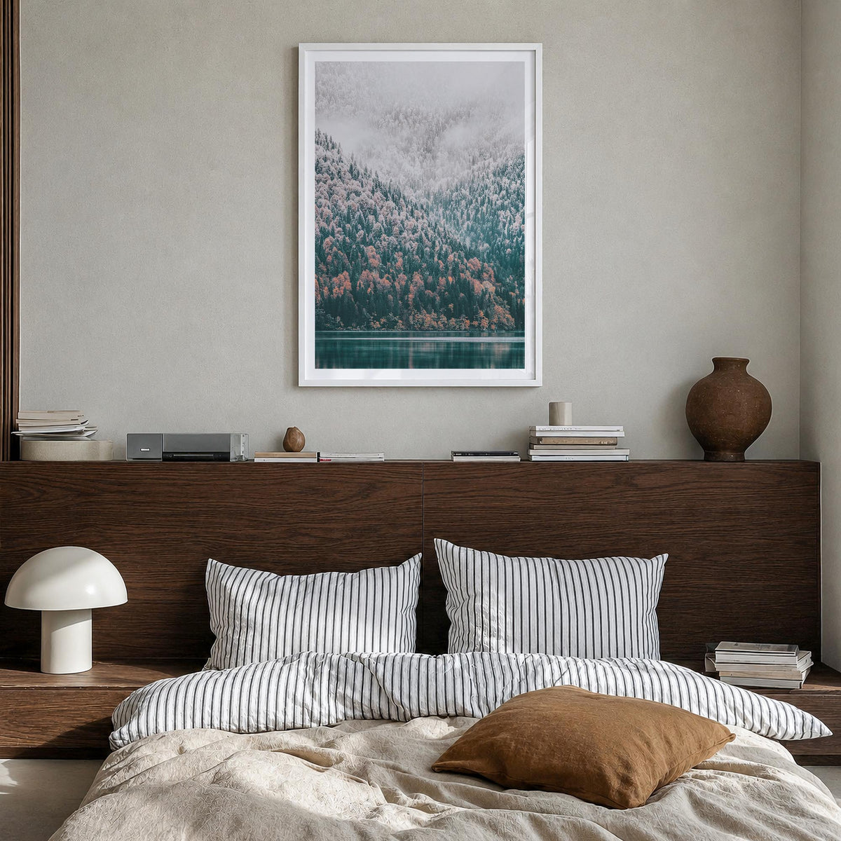 Needle Forest and Foggy Lake colorful photo poster – vertical wall art in white wood frame with white border, hanging on wall