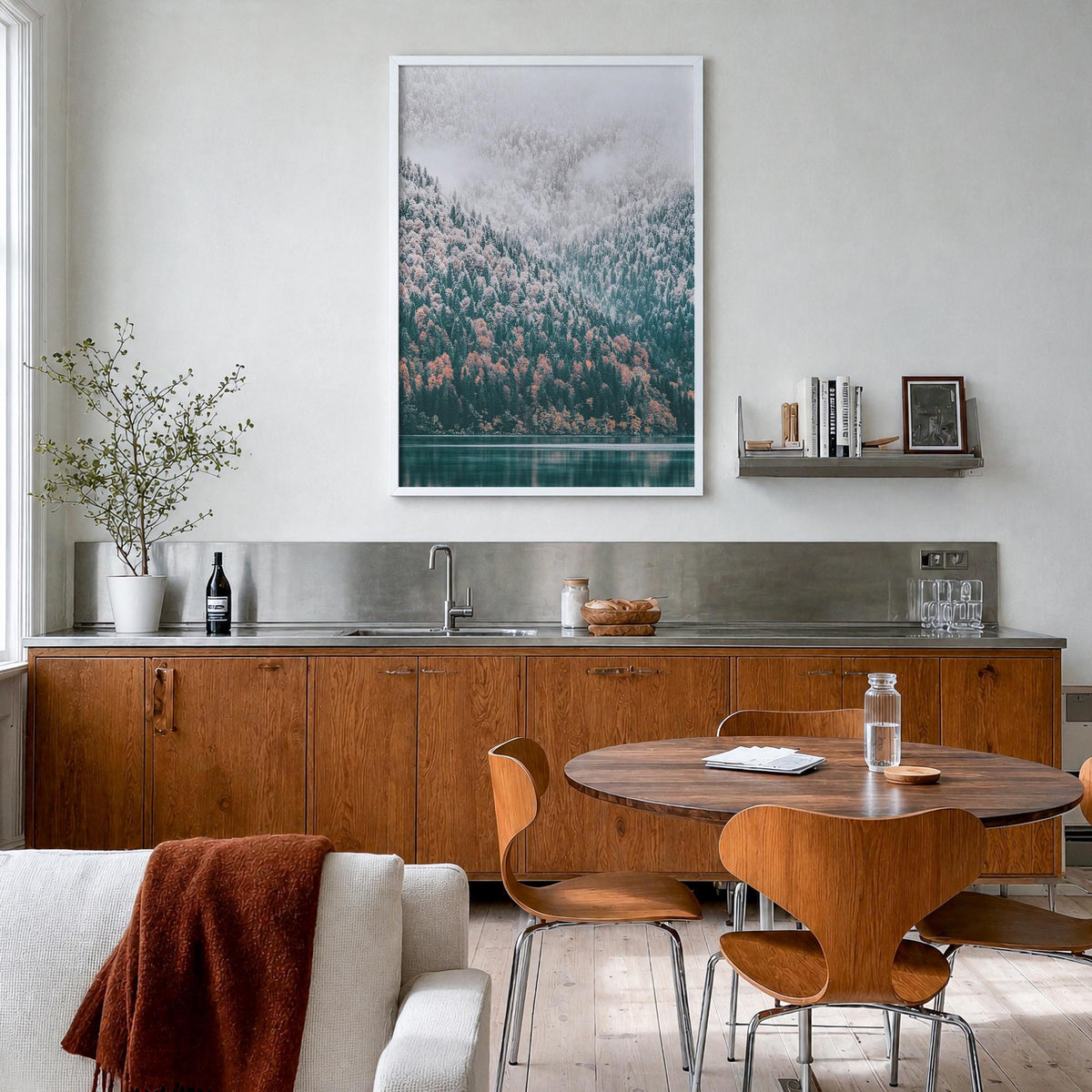 Needle Forest and Foggy Lake colorful photo poster – vertical wall art in white wood frame, hanging on wall