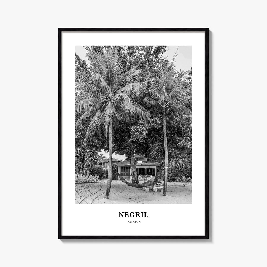 Negril black & white classic poster of Jamaica – vertical wall art, unframed print shown in interior mockup