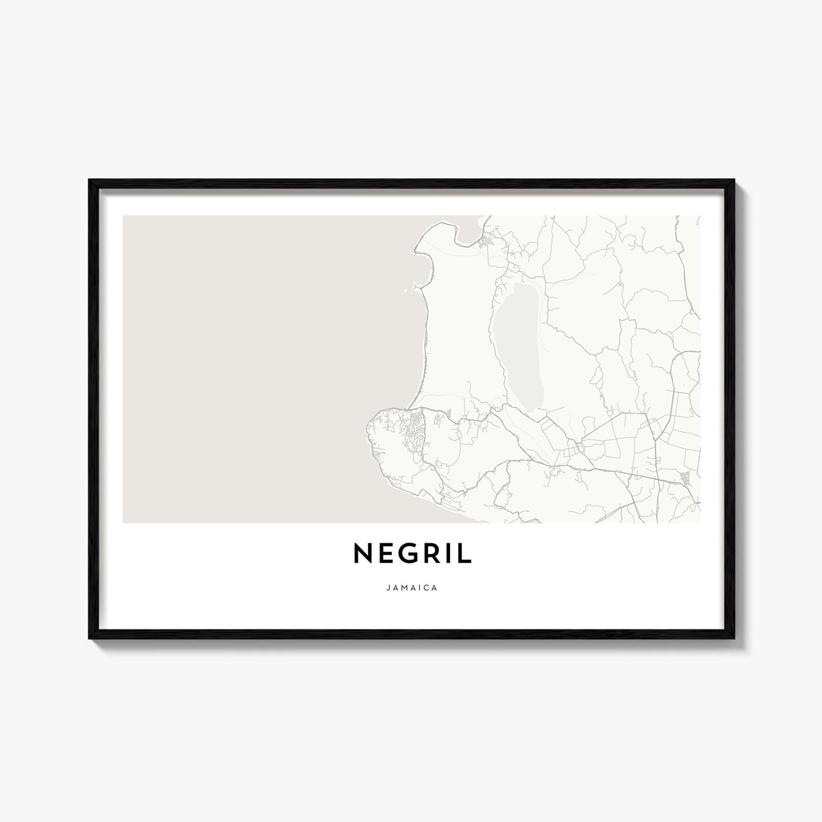 Negril black & white map poster of Jamaica – horizontal wall art, unframed print shown in interior mockup