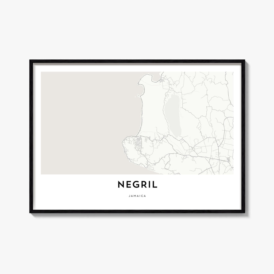 Negril black & white map poster of Jamaica – horizontal wall art, unframed print shown in interior mockup