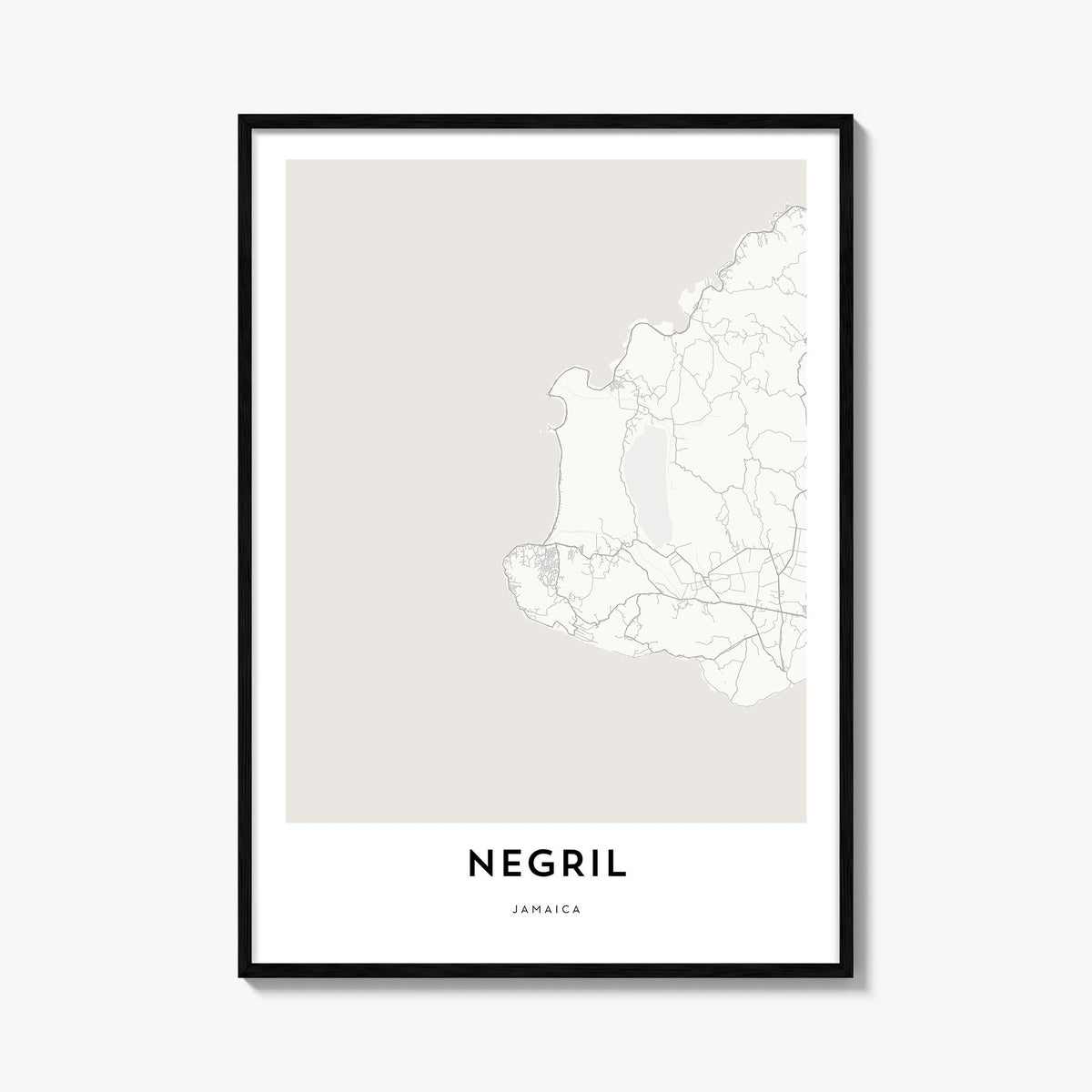Negril black & white map poster of Jamaica – vertical wall art, unframed print shown in interior mockup