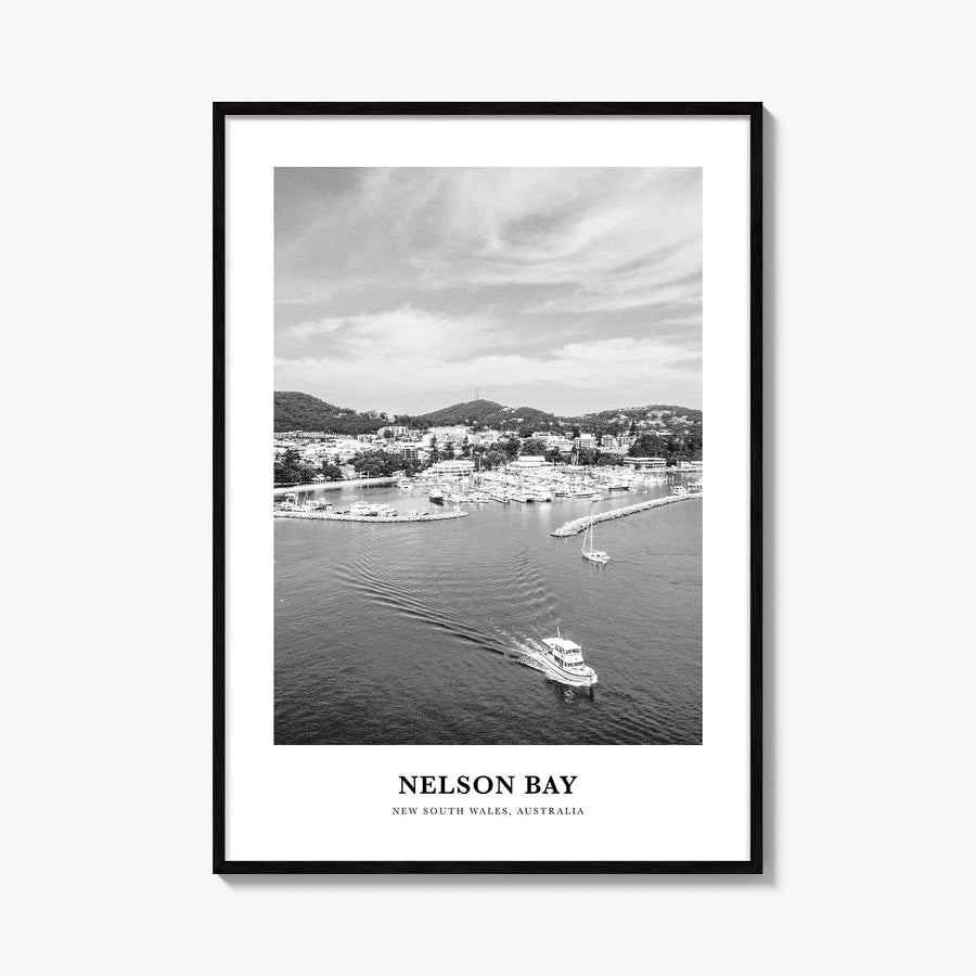 Nelson Bay black & white classic poster of New South Wales, Australia – vertical wall art, unframed print shown in interior m