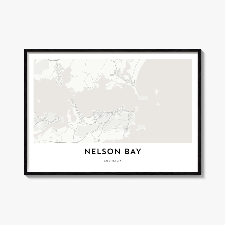 Nelson Bay black & white map poster of New South Wales, Australia – horizontal wall art, unframed print shown in interior moc