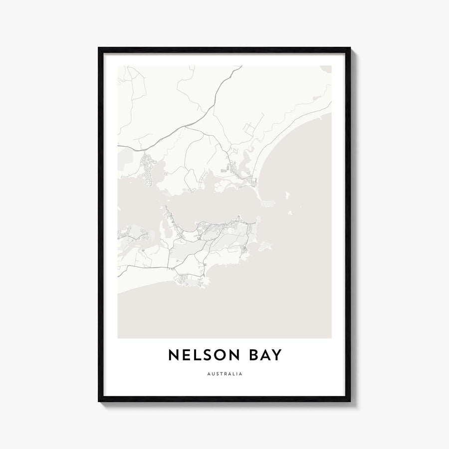 Nelson Bay black & white map poster of New South Wales, Australia – vertical wall art, unframed print shown in interior mocku