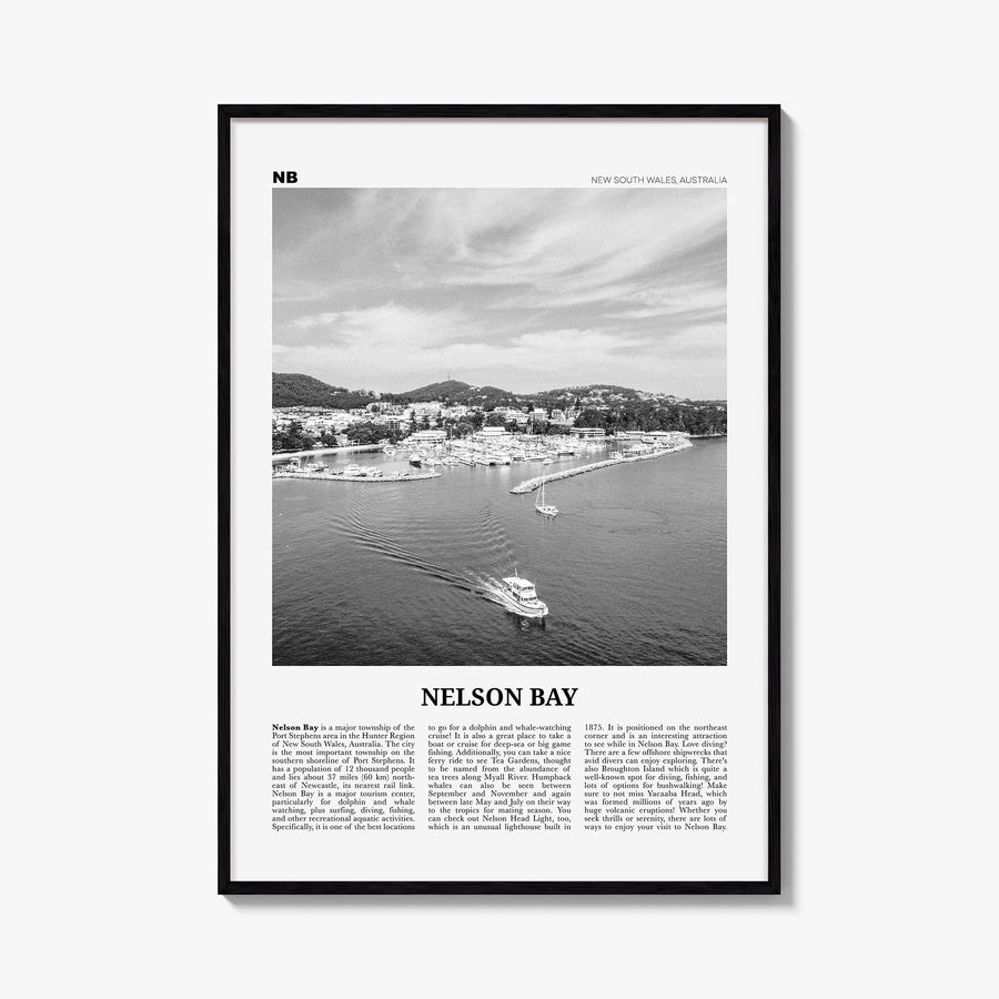Nelson Bay black & white newspaper poster of New South Wales, Australia – vertical wall art, unframed print shown in interior