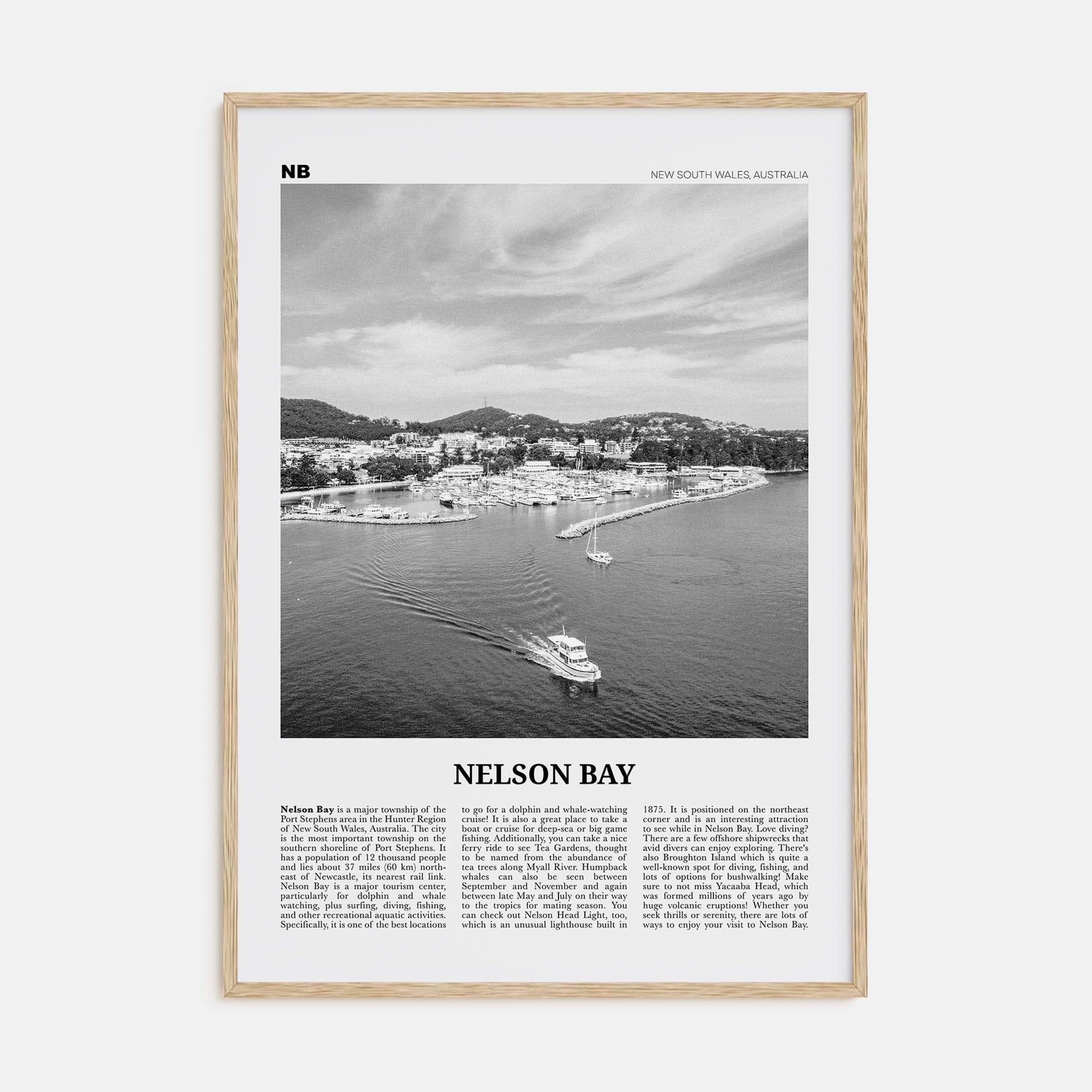 Nelson Bay Poster Natural Wood / 8x12 in Nbourhood Travel B&W Poster