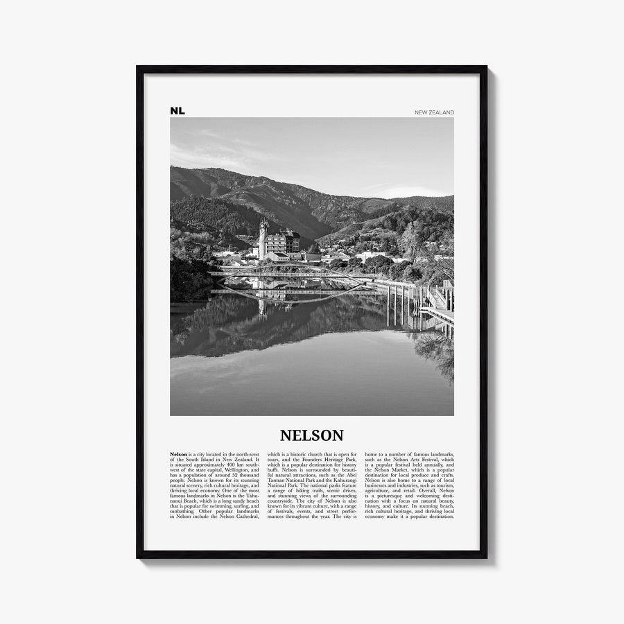 Nelson black & white newspaper poster of New Zealand – vertical wall art, unframed print shown in interior mockup