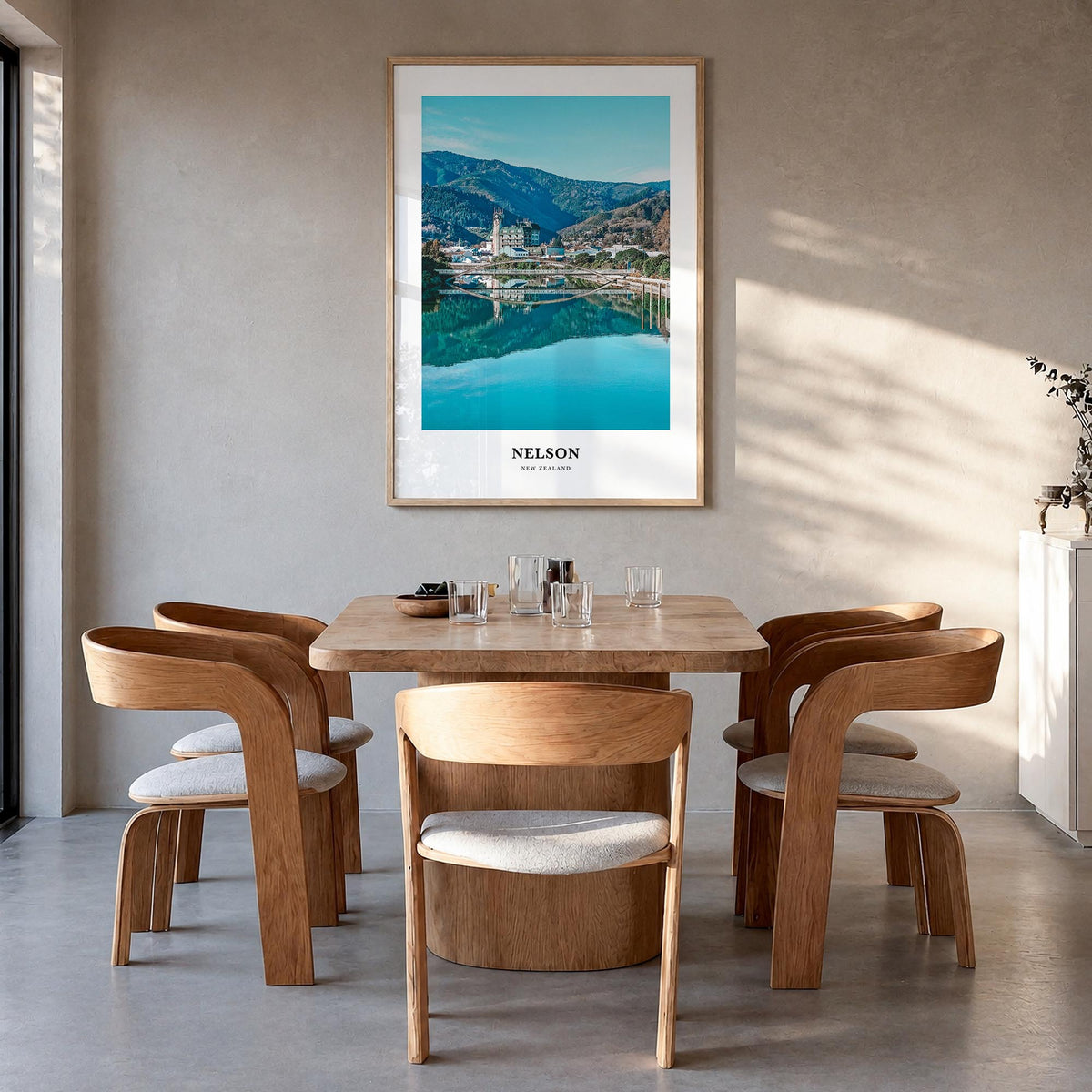 Nelson colorful classic poster of New Zealand – vertical wall art in natural wood frame, hanging on wall