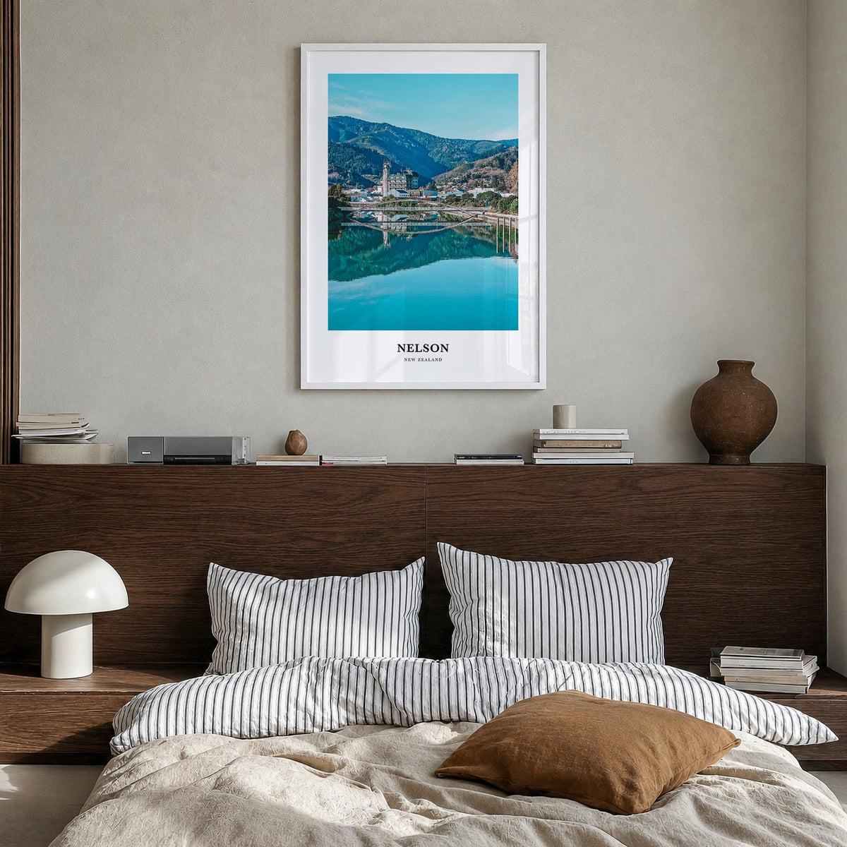 Nelson colorful classic poster of New Zealand – vertical wall art in white wood frame, hanging on wall