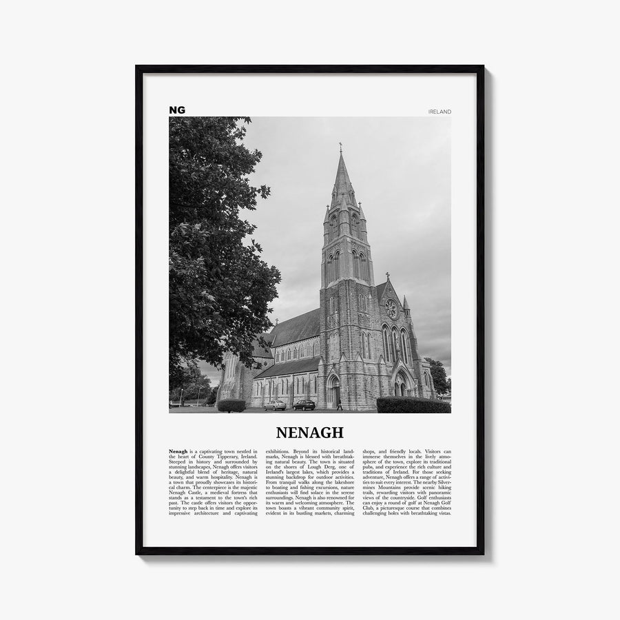 Nenagh black & white newspaper poster of Ireland – vertical wall art, unframed print shown in interior mockup