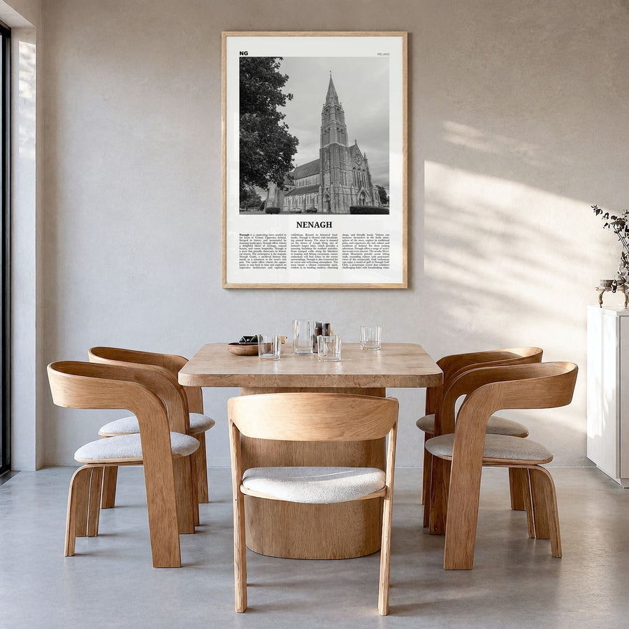 Nenagh Newspaper Poster in a natural wood frame, hanging in a dining room