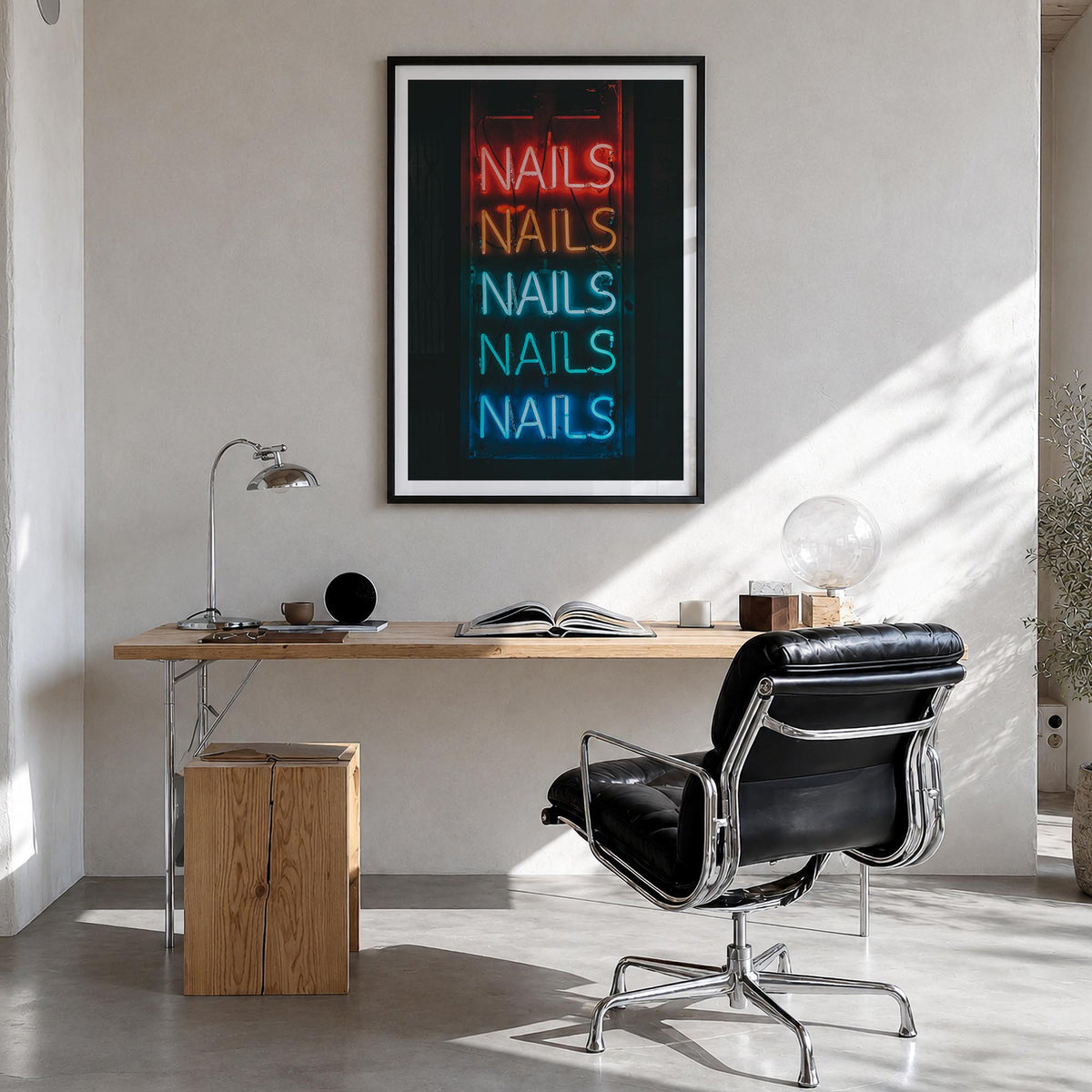 Neon Sign no. 1 colorful photo poster – vertical wall art in black wood frame with white border, hanging on wall