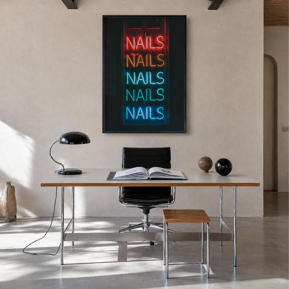 Neon Sign no. 1 colorful photo poster – vertical wall art in black wood frame, hanging on wall