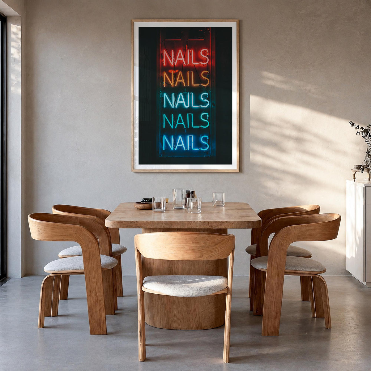 Neon Sign no. 1 colorful photo poster – vertical wall art in natural wood frame with white border, hanging on wall