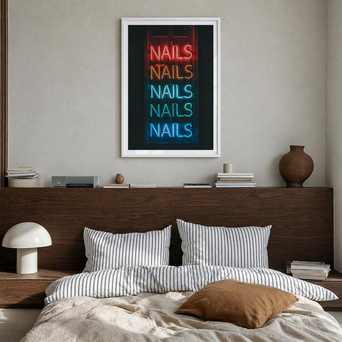 Neon Sign no. 1 colorful photo poster – vertical wall art in white wood frame with white border, hanging on wall