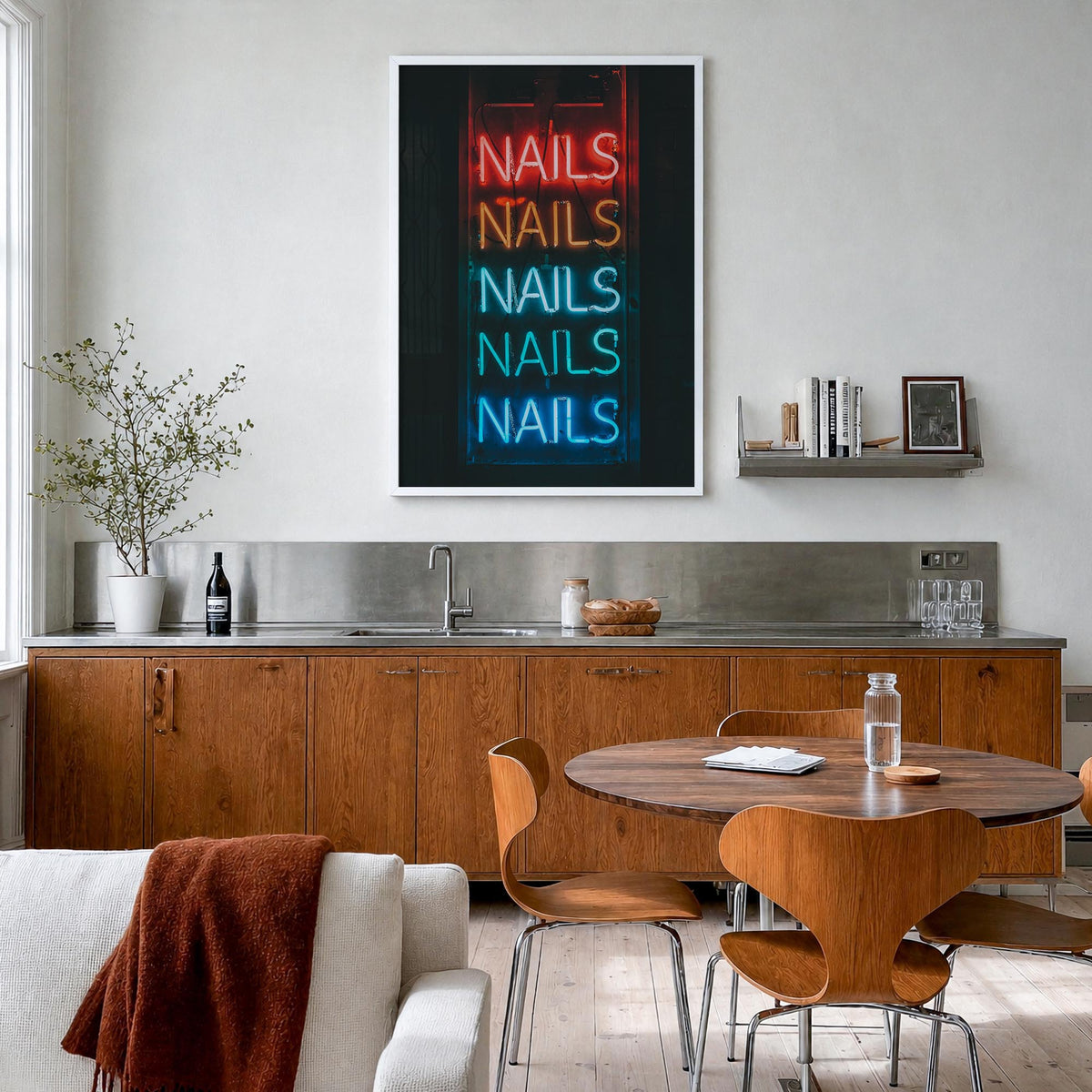 Neon Sign no. 1 colorful photo poster – vertical wall art in white wood frame, hanging on wall