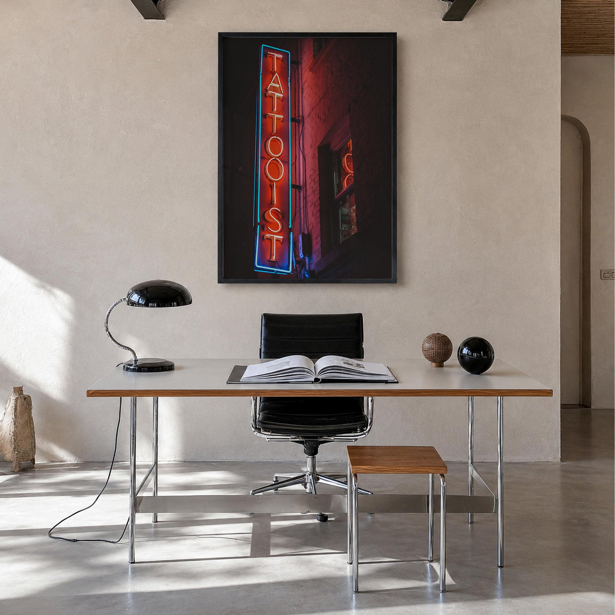 Neon Sign no. 2 colorful photo poster – vertical wall art in black wood frame, hanging on wall