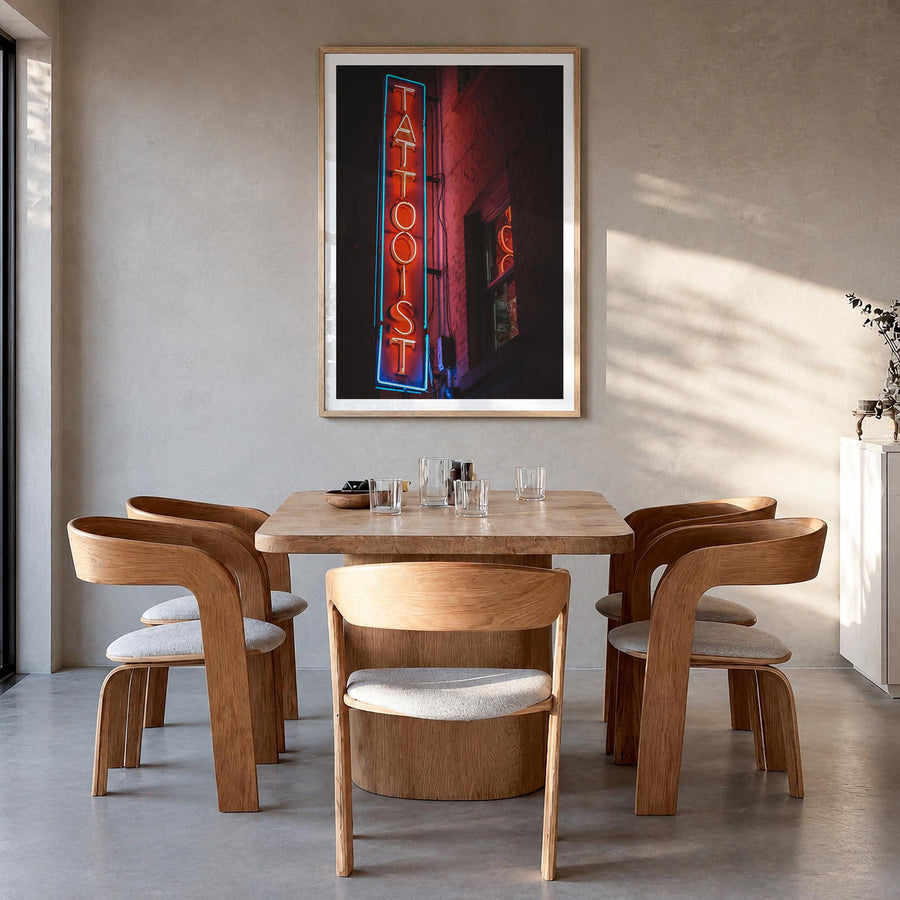 Neon Sign no. 2 colorful photo poster – vertical wall art in natural wood frame with white border, hanging on wall