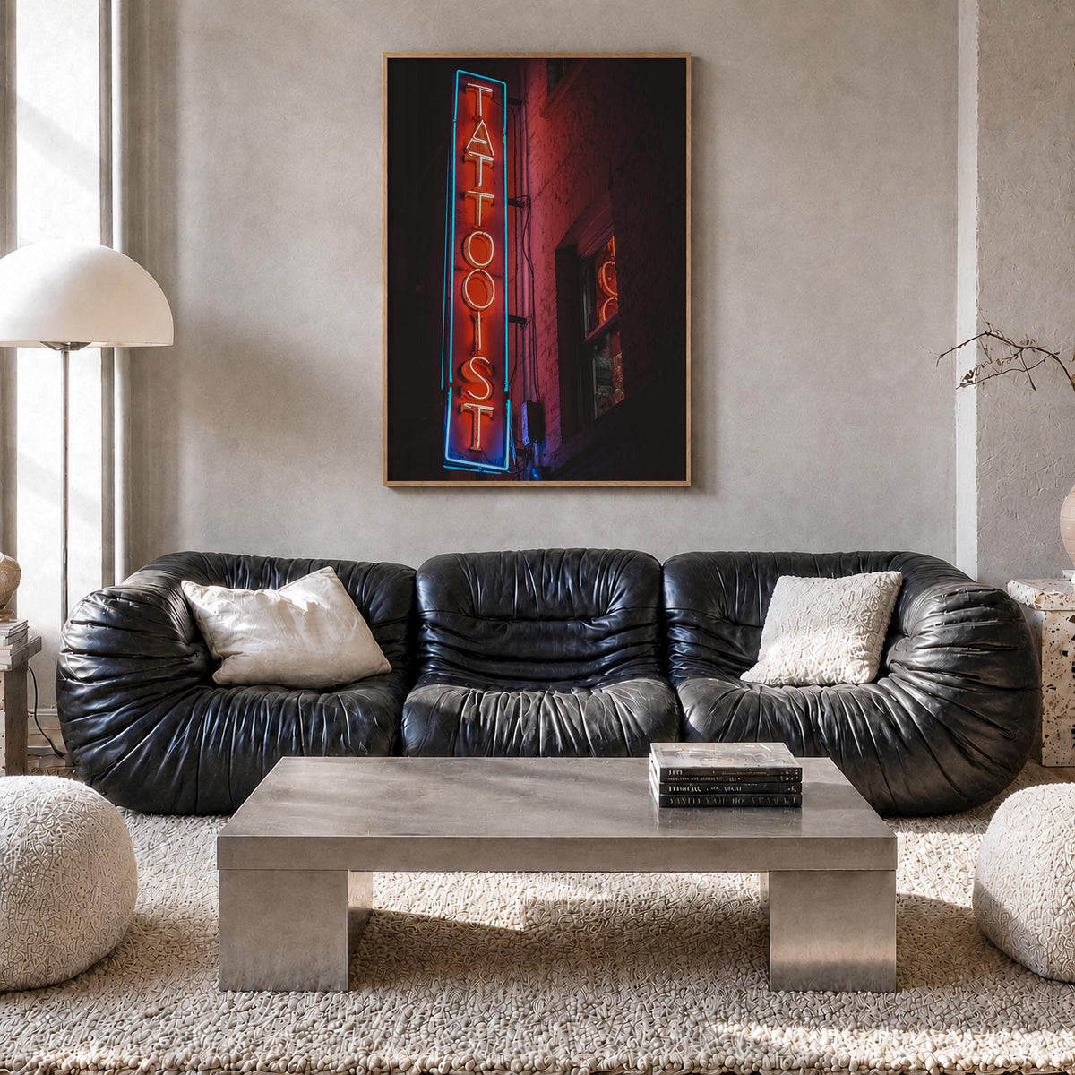 Neon Sign no. 2 colorful photo poster – vertical wall art in natural wood frame, hanging on wall