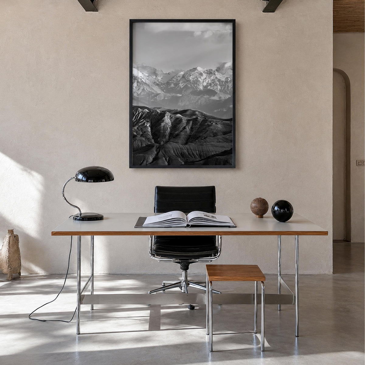 Nepal black & white photo poster of Asia – vertical wall art in black wood frame, hanging on wall