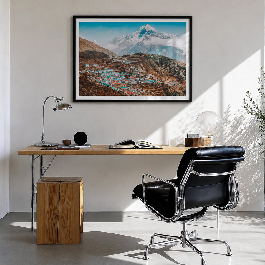 Nepal colorful photo poster of Asia – horizontal wall art in black wood frame with white border, hanging on wall