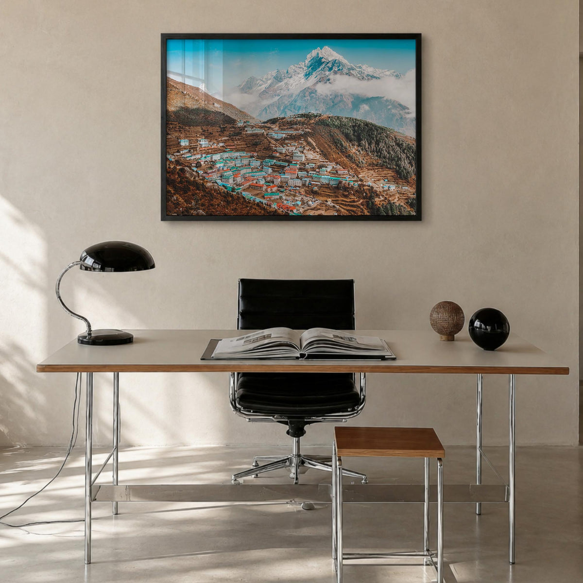 Nepal colorful photo poster of Asia – horizontal wall art in black wood frame, hanging on wall