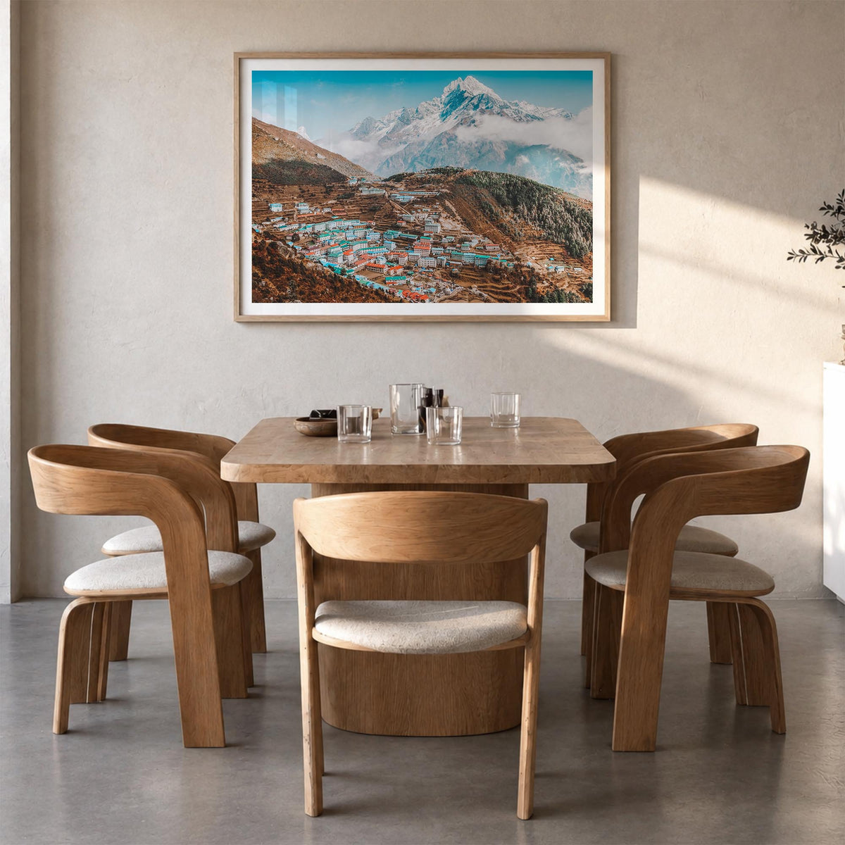 Nepal colorful photo poster of Asia – horizontal wall art in natural wood frame with white border, hanging on wall