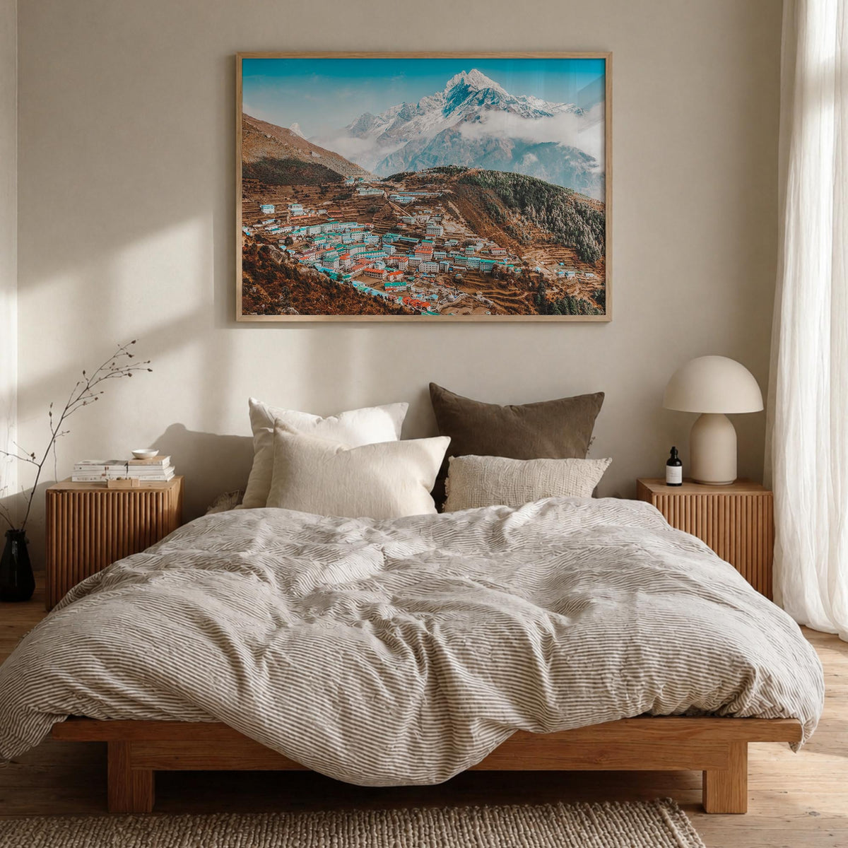 Nepal colorful photo poster of Asia – horizontal wall art in natural wood frame, hanging on wall