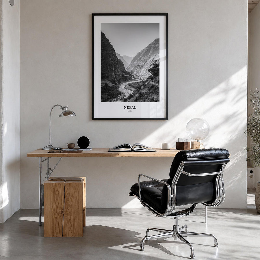 Nepal no. 1 black & white classic poster of Asia – vertical wall art in black wood frame, hanging on wall