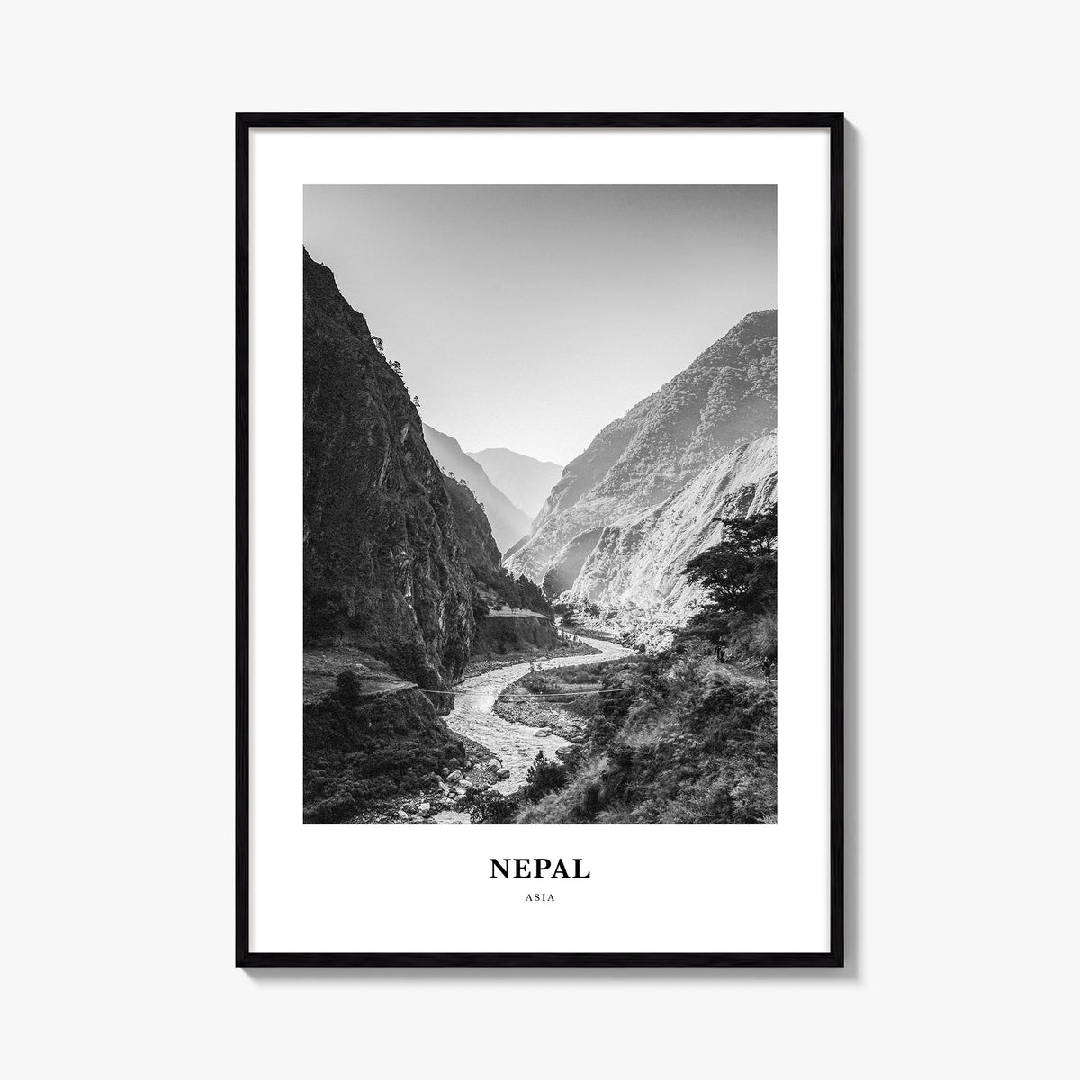 Nepal no. 1 black & white classic poster of Asia – vertical wall art, unframed print shown in interior mockup