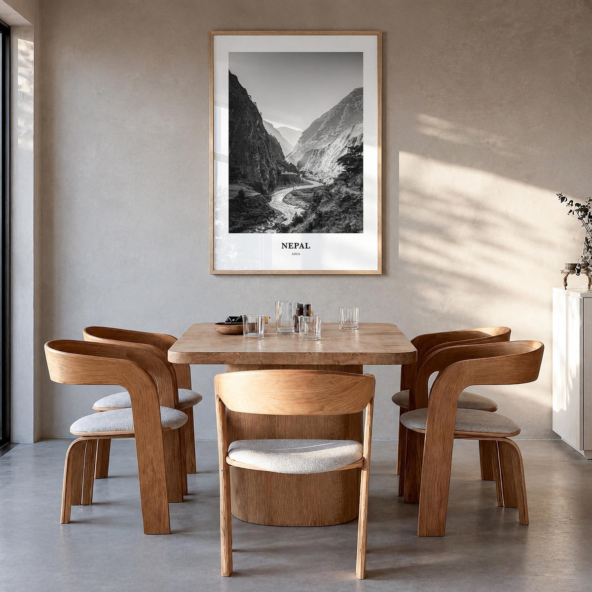 Nepal no. 1 black & white classic poster of Asia – vertical wall art in natural wood frame, hanging on wall