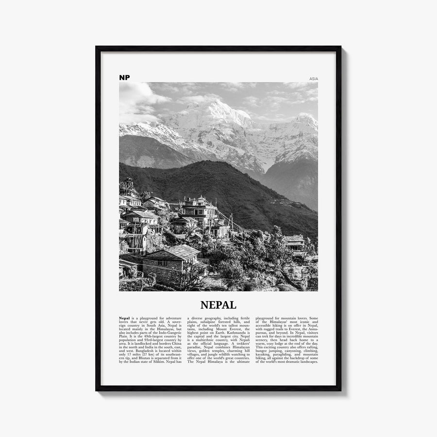 Nepal no. 1 black & white newspaper poster of Asia – vertical wall art, unframed print shown in interior mockup