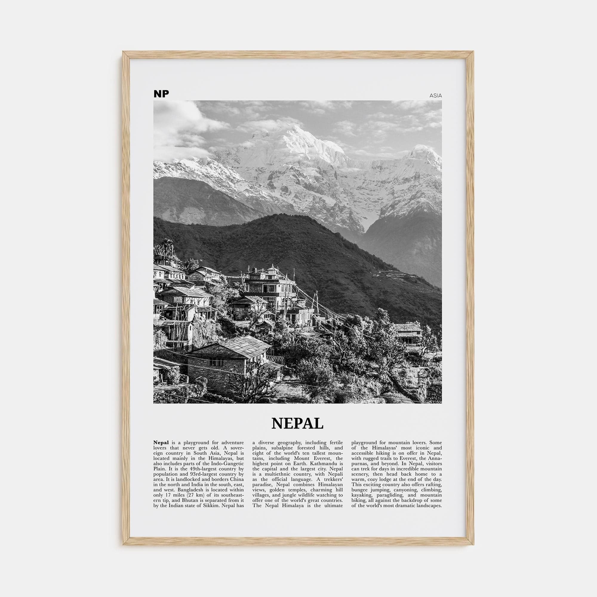 Nepal No 1 Poster Natural Wood / 8x12 in Nbourhood Travel B&W Poster