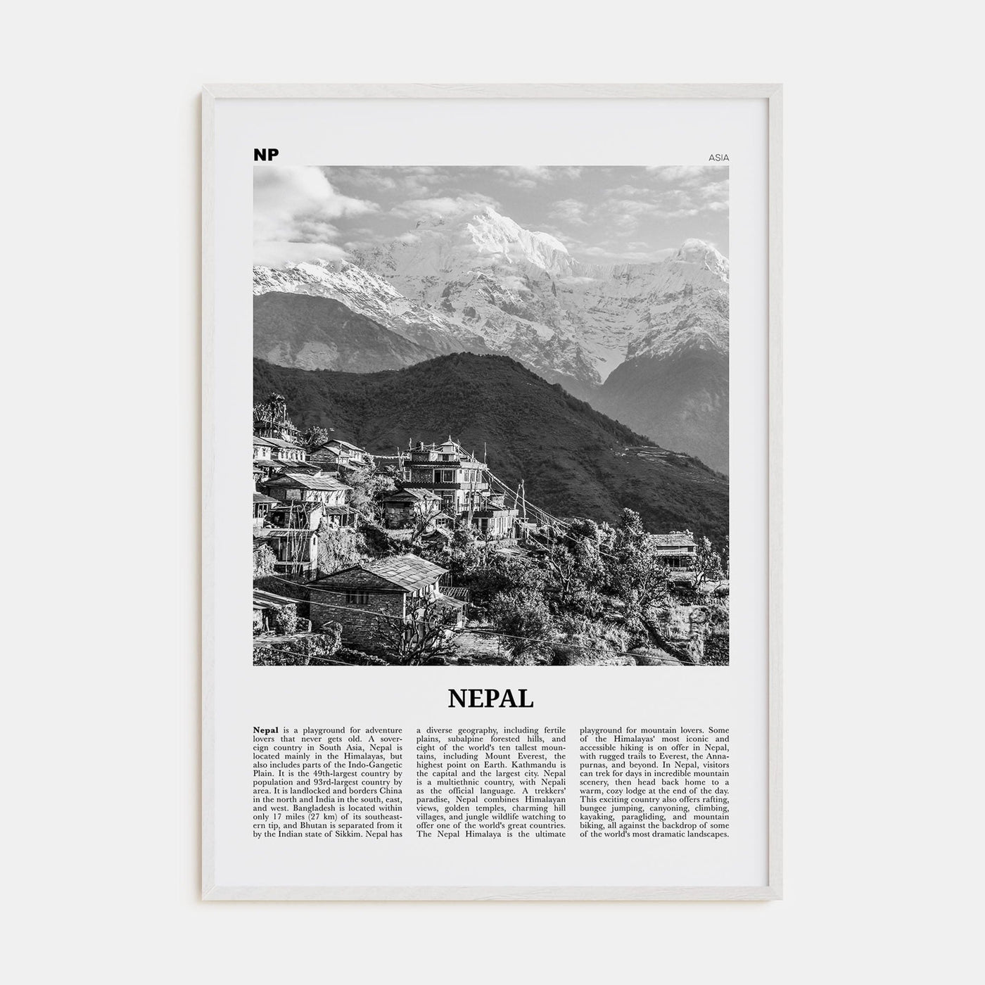 Nepal No 1 Poster White Wood / 8x12 in Nbourhood Travel B&W Poster