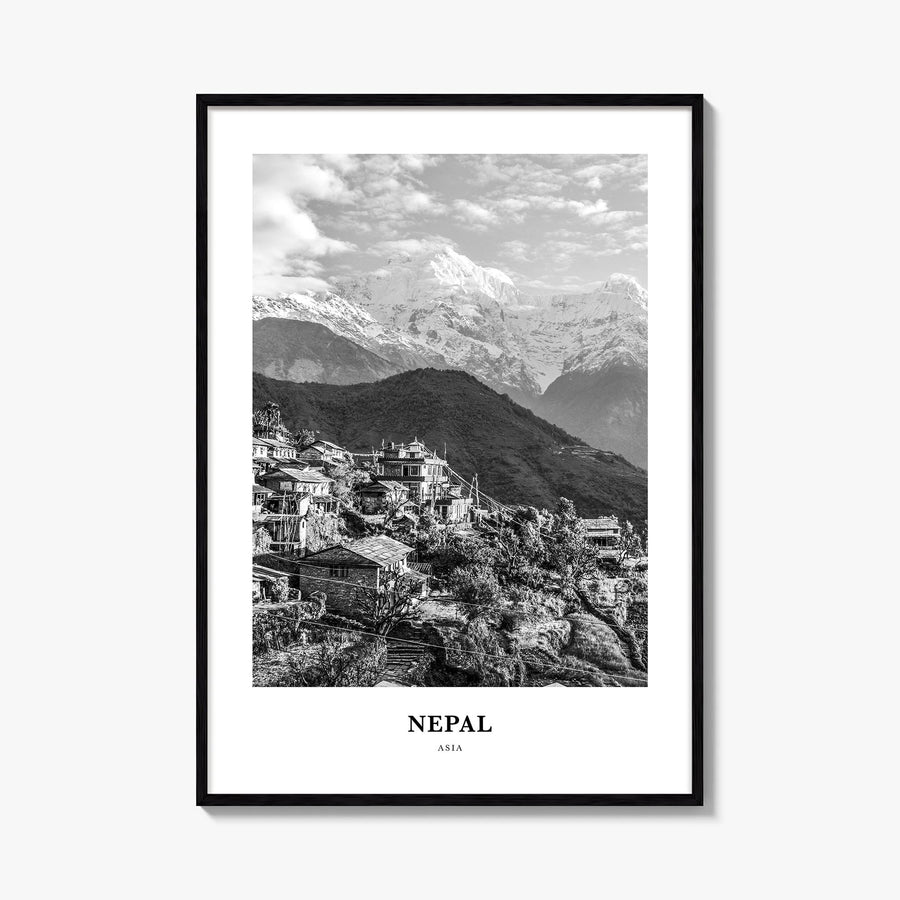 Nepal no. 2 black & white classic poster of Asia – vertical wall art, unframed print shown in interior mockup