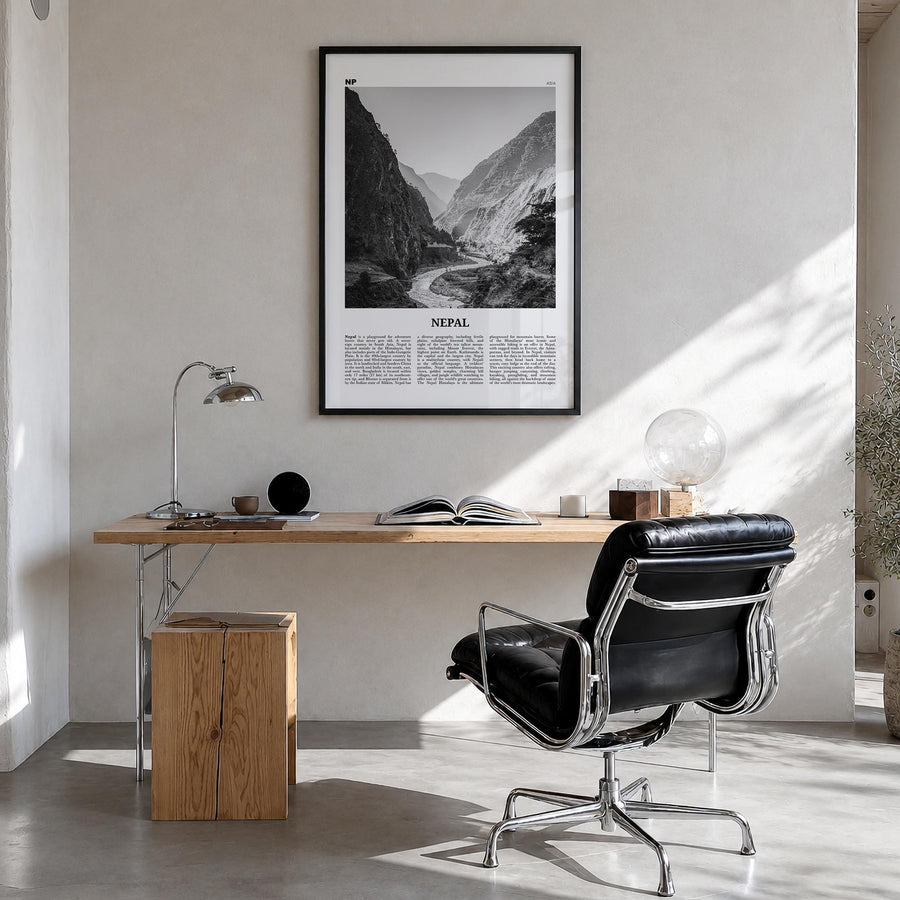 Nepal no. 2 black & white newspaper poster of Asia – vertical wall art in black wood frame, hanging on wall