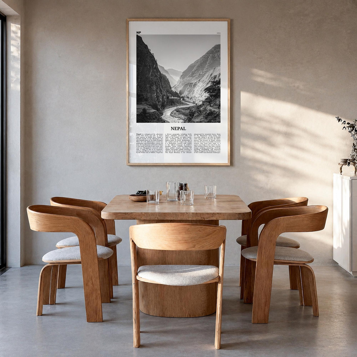 Nepal no. 2 black & white newspaper poster of Asia – vertical wall art in natural wood frame, hanging on wall
