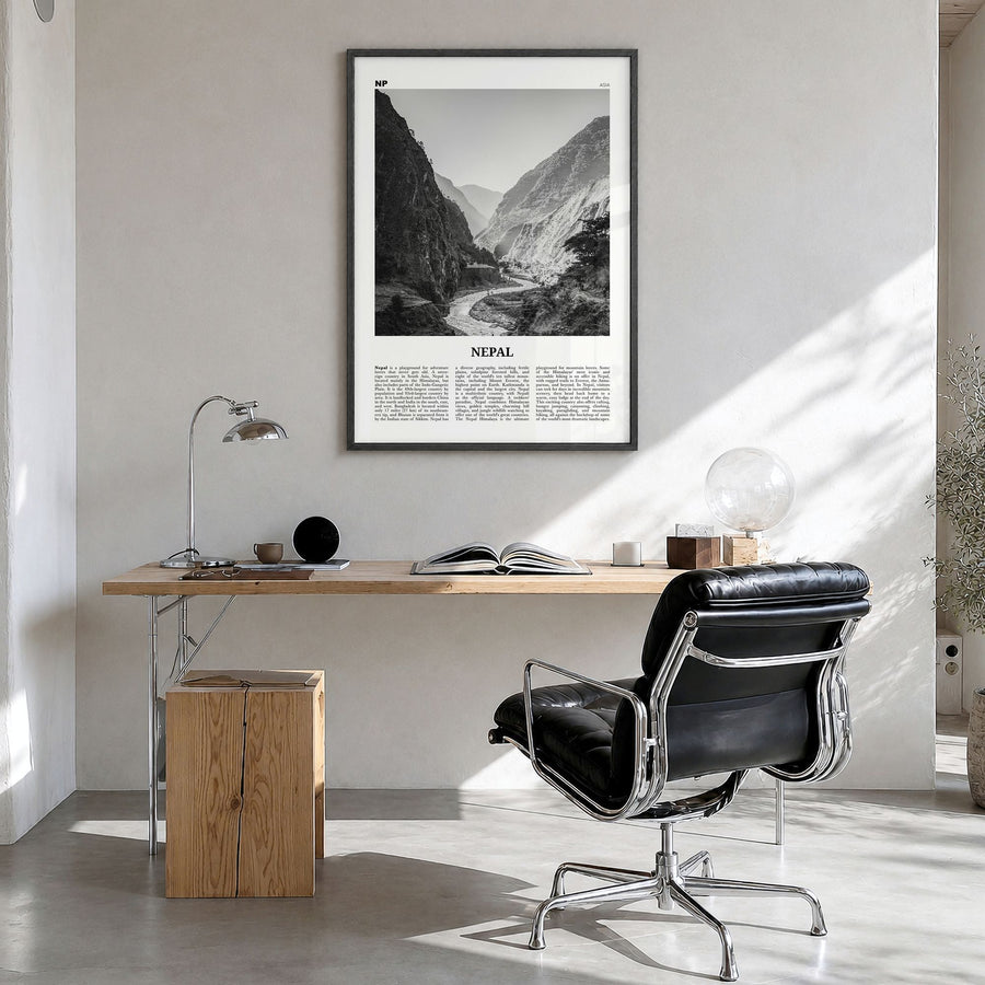 Nepal Newspaper No 2 Poster in a black wood frame, hanging in a bright home office