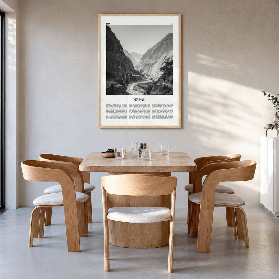 Nepal Newspaper No 2 Poster in a natural wood frame, hanging in a dining room
