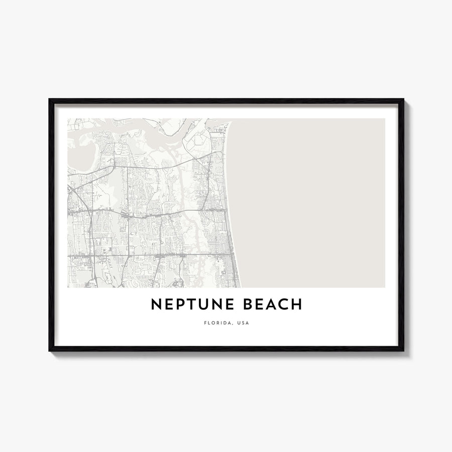 Neptune Beach black & white map poster of Florida, USA – horizontal wall art, unframed print shown in interior mockup