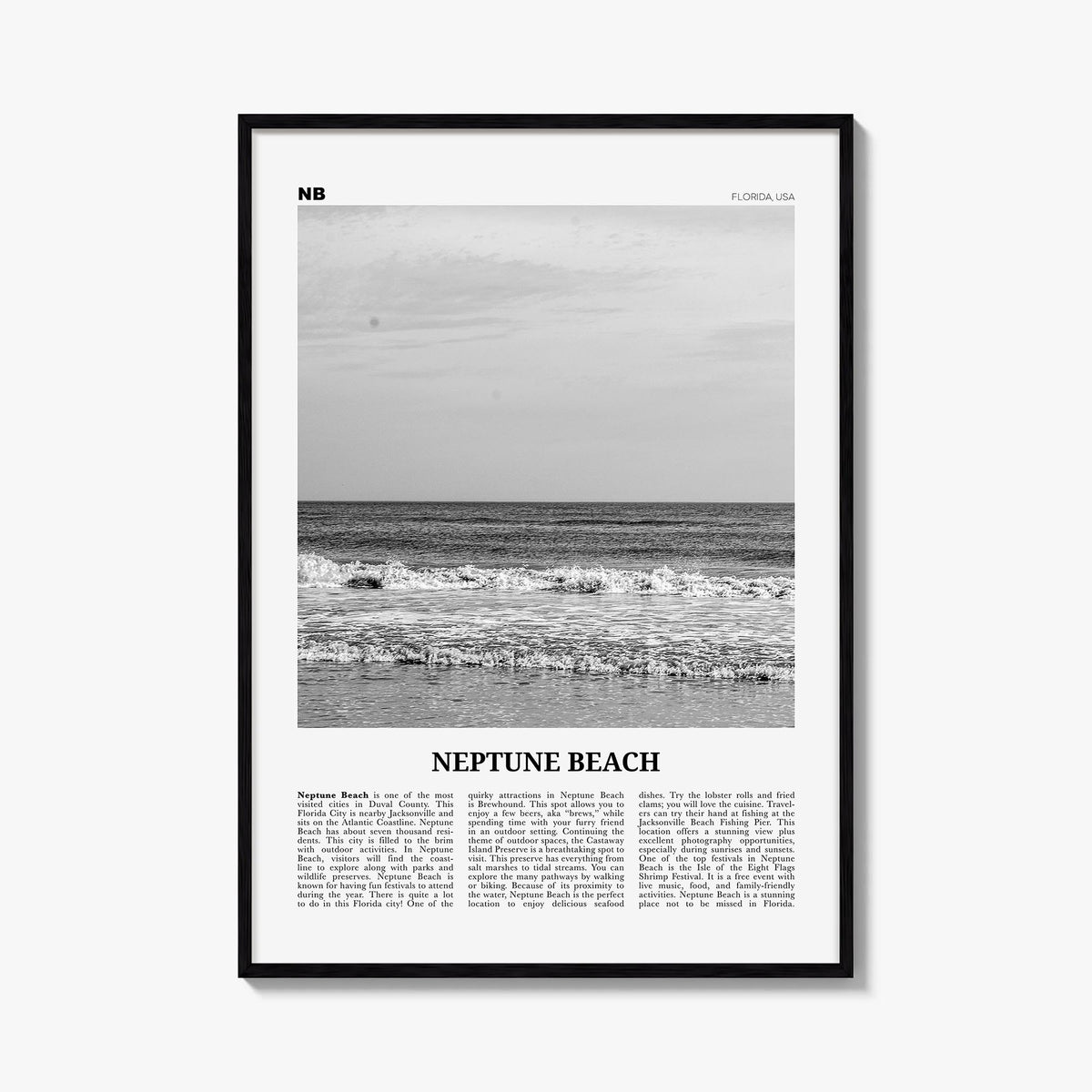 Neptune Beach black & white newspaper poster of Florida, USA – vertical wall art, unframed print shown in interior mockup